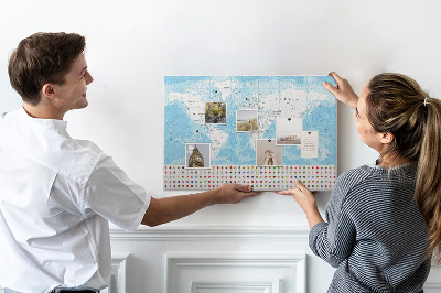 Bacheca in sughero mappa del mondo con puntine colorate
