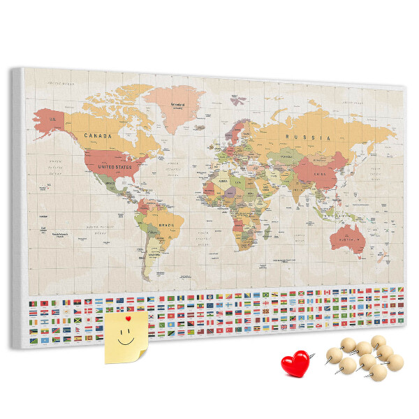 Lavagna di sughero mappa del mondo con bandiere nazionali colorate
