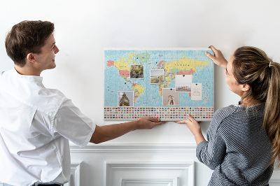 Bacheca in sughero mappa del mondo con bandiere colorate