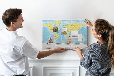 Bacheca in sughero mappa del mondo con puntine colorate