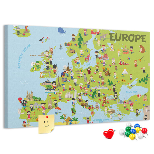 Lavagna di sughero con mappa colorata dell'Europa e icone culturali