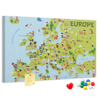 Lavagna di sughero con mappa colorata dell'Europa e icone culturali