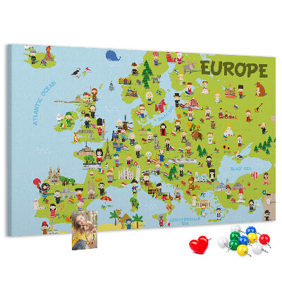 Lavagna di sughero con mappa colorata dell'Europa e icone culturali
