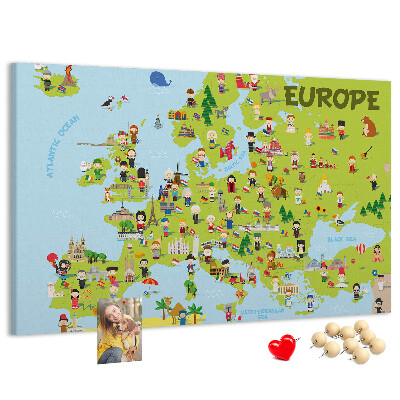 Lavagna di sughero con mappa colorata dell'Europa e icone culturali