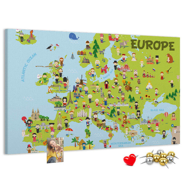 Lavagna di sughero con mappa colorata dell'Europa e icone culturali