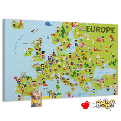 Lavagna di sughero con mappa colorata dell'Europa e icone culturali