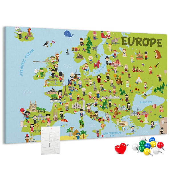 Lavagna di sughero con mappa colorata dell'Europa e icone culturali