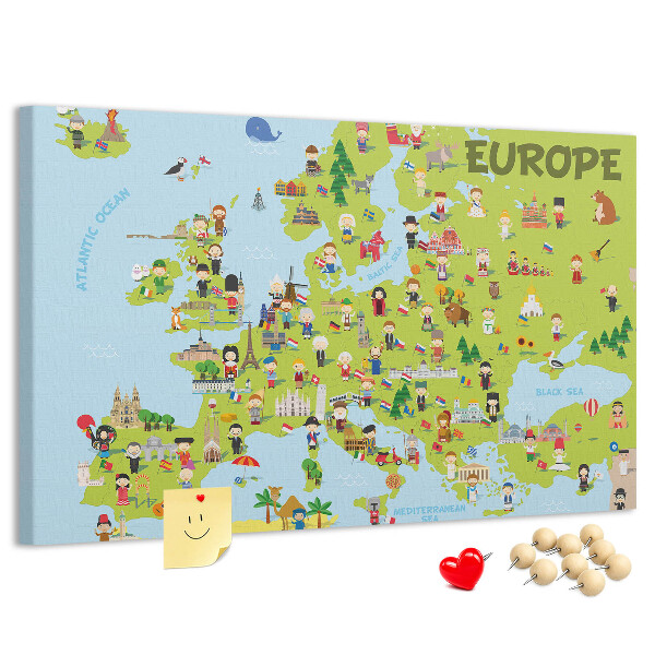 Lavagna di sughero con mappa colorata dell'Europa e icone culturali