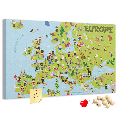 Lavagna di sughero con mappa colorata dell'Europa e icone culturali
