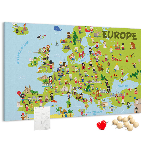 Lavagna di sughero con mappa colorata dell'Europa e icone culturali
