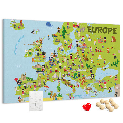 Lavagna di sughero con mappa colorata dell'Europa e icone culturali