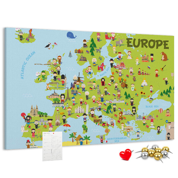 Lavagna di sughero con mappa colorata dell'Europa e icone culturali