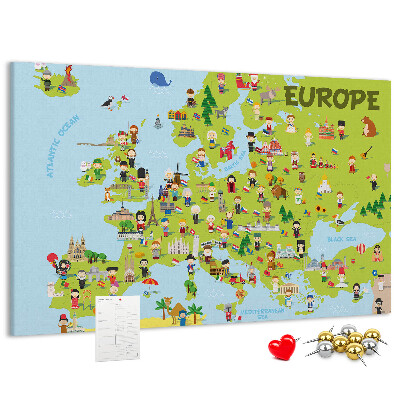 Lavagna di sughero con mappa colorata dell'Europa e icone culturali
