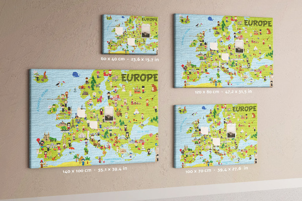 Lavagna di sughero con mappa colorata dell'Europa e icone culturali