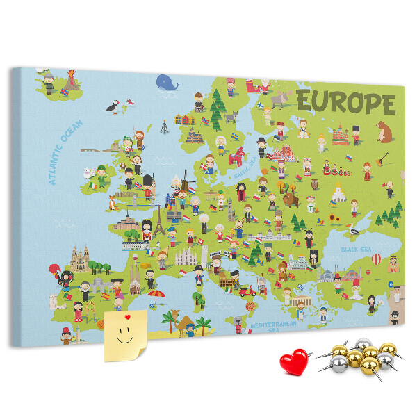 Lavagna di sughero con mappa colorata dell'Europa e icone culturali