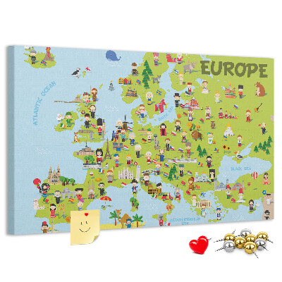 Lavagna di sughero con mappa colorata dell'Europa e icone culturali