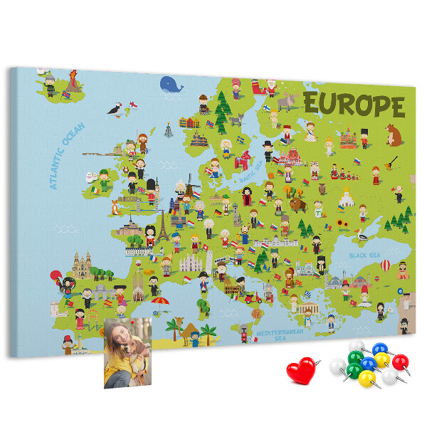 Lavagna di sughero con mappa colorata dell'Europa e icone culturali