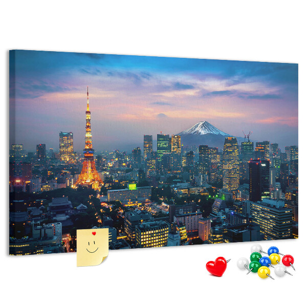 Bacheca in sughero con stampa raffigurante il tramonto su Tokyo e il monte Fuji