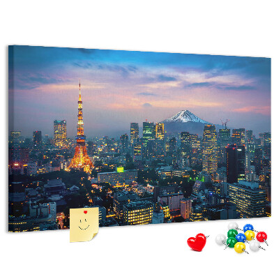 Bacheca in sughero con stampa raffigurante il tramonto su Tokyo e il monte Fuji