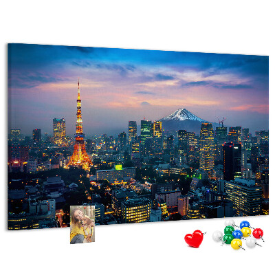 Bacheca in sughero con stampa raffigurante il tramonto su Tokyo e il monte Fuji