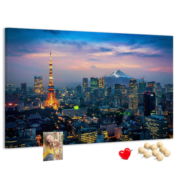 Bacheca in sughero con stampa raffigurante il tramonto su Tokyo e il monte Fuji
