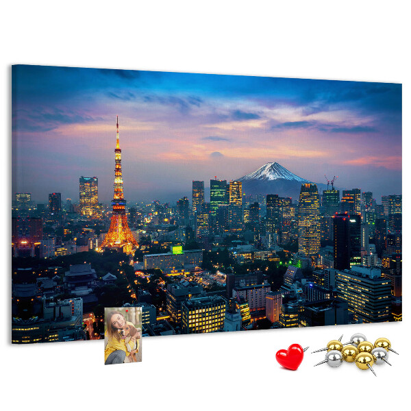 Bacheca in sughero con stampa raffigurante il tramonto su Tokyo e il monte Fuji