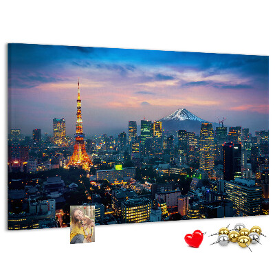 Bacheca in sughero con stampa raffigurante il tramonto su Tokyo e il monte Fuji