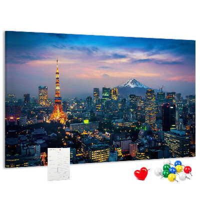 Bacheca in sughero con stampa raffigurante il tramonto su Tokyo e il monte Fuji