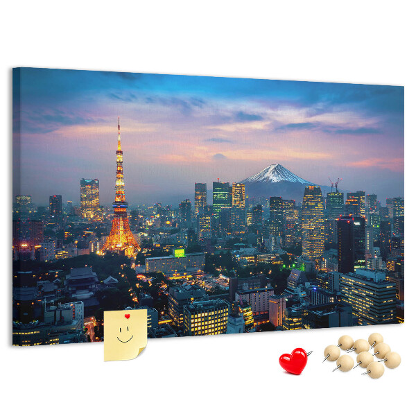 Bacheca in sughero con stampa raffigurante il tramonto su Tokyo e il monte Fuji