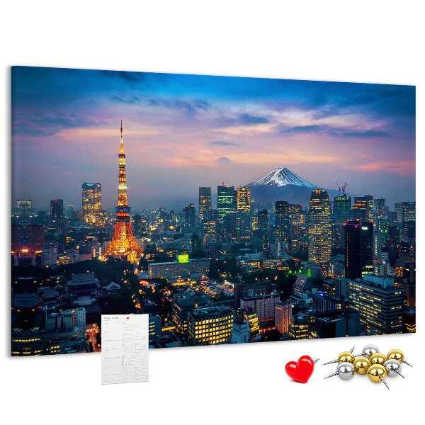 Bacheca in sughero con stampa raffigurante il tramonto su Tokyo e il monte Fuji