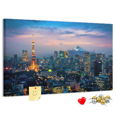 Bacheca in sughero con stampa raffigurante il tramonto su Tokyo e il monte Fuji