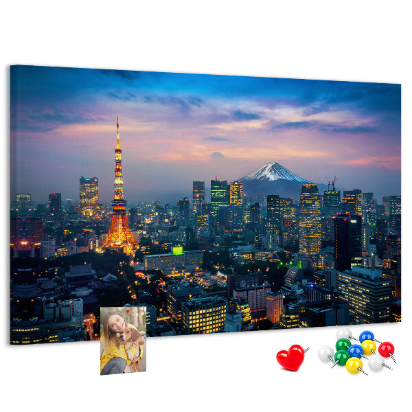 Bacheca in sughero con stampa raffigurante il tramonto su Tokyo e il monte Fuji