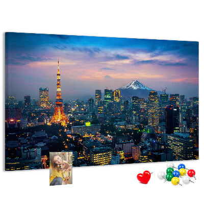 Bacheca in sughero con stampa raffigurante il tramonto su Tokyo e il monte Fuji