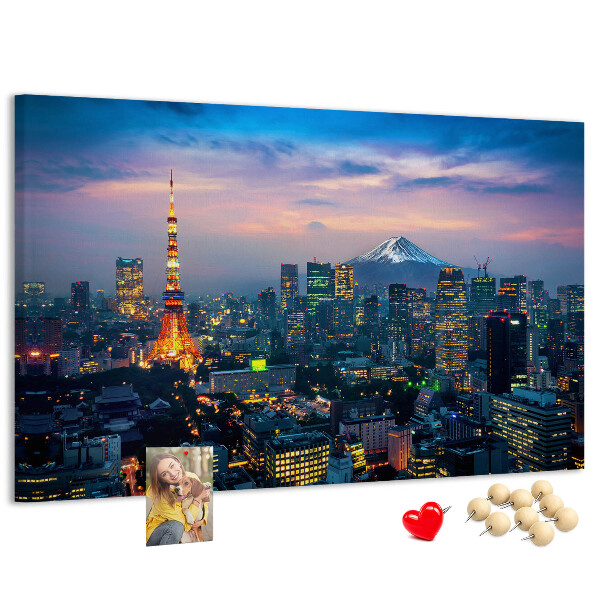 Bacheca in sughero con stampa raffigurante il tramonto su Tokyo e il monte Fuji