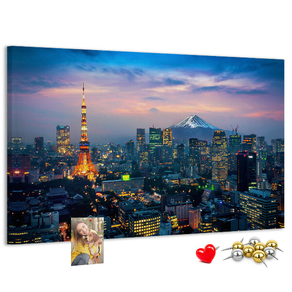 Bacheca in sughero con stampa raffigurante il tramonto su Tokyo e il monte Fuji