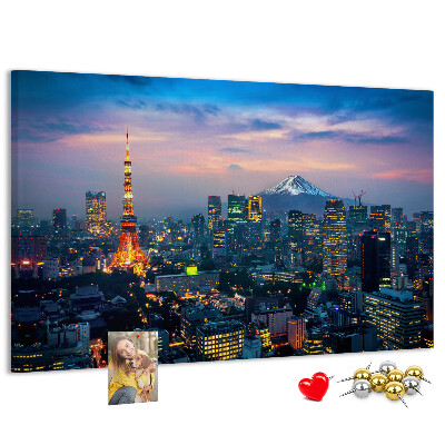 Bacheca in sughero con stampa raffigurante il tramonto su Tokyo e il monte Fuji