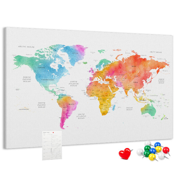 Lavagna di sughero con mappa del mondo colorata in stile acquerello