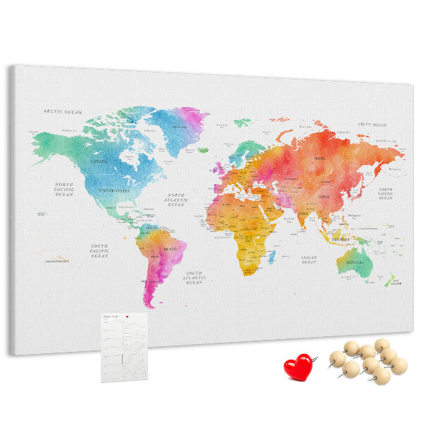 Lavagna di sughero con mappa del mondo colorata in stile acquerello