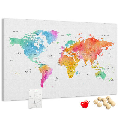 Lavagna di sughero con mappa del mondo colorata in stile acquerello