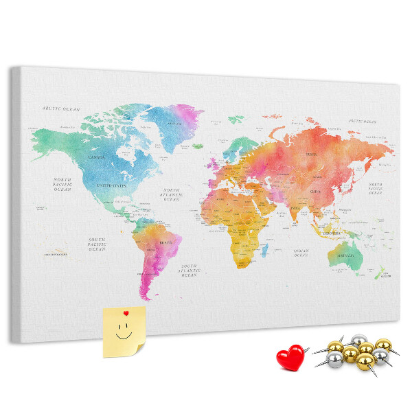 Lavagna di sughero con mappa del mondo colorata in stile acquerello