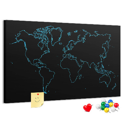 Bacheca in sughero mappa del mondo su sfondo nero