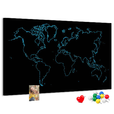 Bacheca in sughero mappa del mondo su sfondo nero
