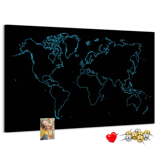 Bacheca in sughero mappa del mondo su sfondo nero