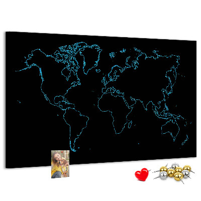 Bacheca in sughero mappa del mondo su sfondo nero