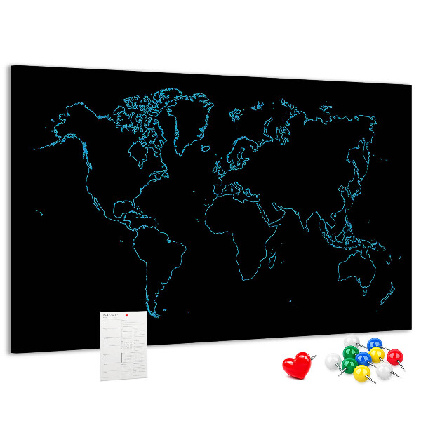 Bacheca in sughero mappa del mondo su sfondo nero