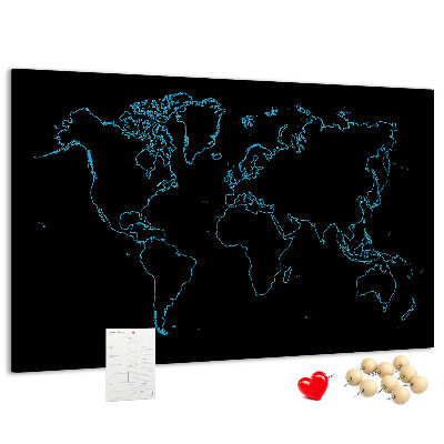 Bacheca in sughero mappa del mondo su sfondo nero
