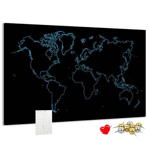 Bacheca in sughero mappa del mondo su sfondo nero