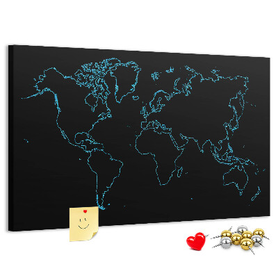 Bacheca in sughero mappa del mondo su sfondo nero