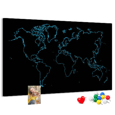 Bacheca in sughero mappa del mondo su sfondo nero