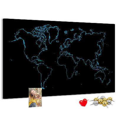 Bacheca in sughero mappa del mondo su sfondo nero
